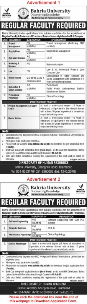 Bahria University Islamabad Jobs (June 2025)