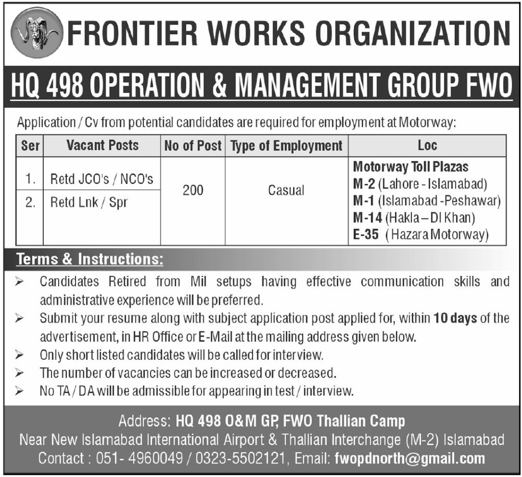 Frontier Works Organization FWO Jobs 2025 