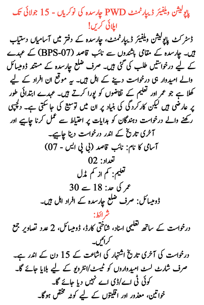 Population Welfare Department PWD Charsadda Jobs