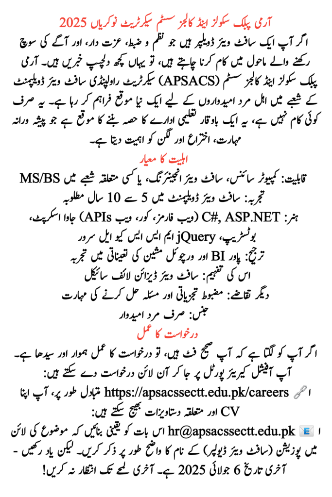 Army Public Schools & Colleges System Secretariat Jobs