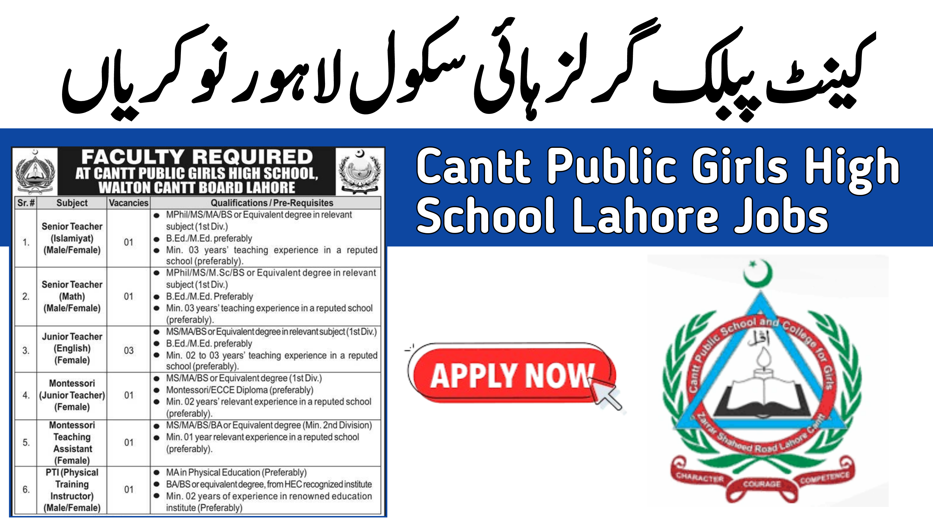 Cantt Public Girls High School Lahore Jobs 2025