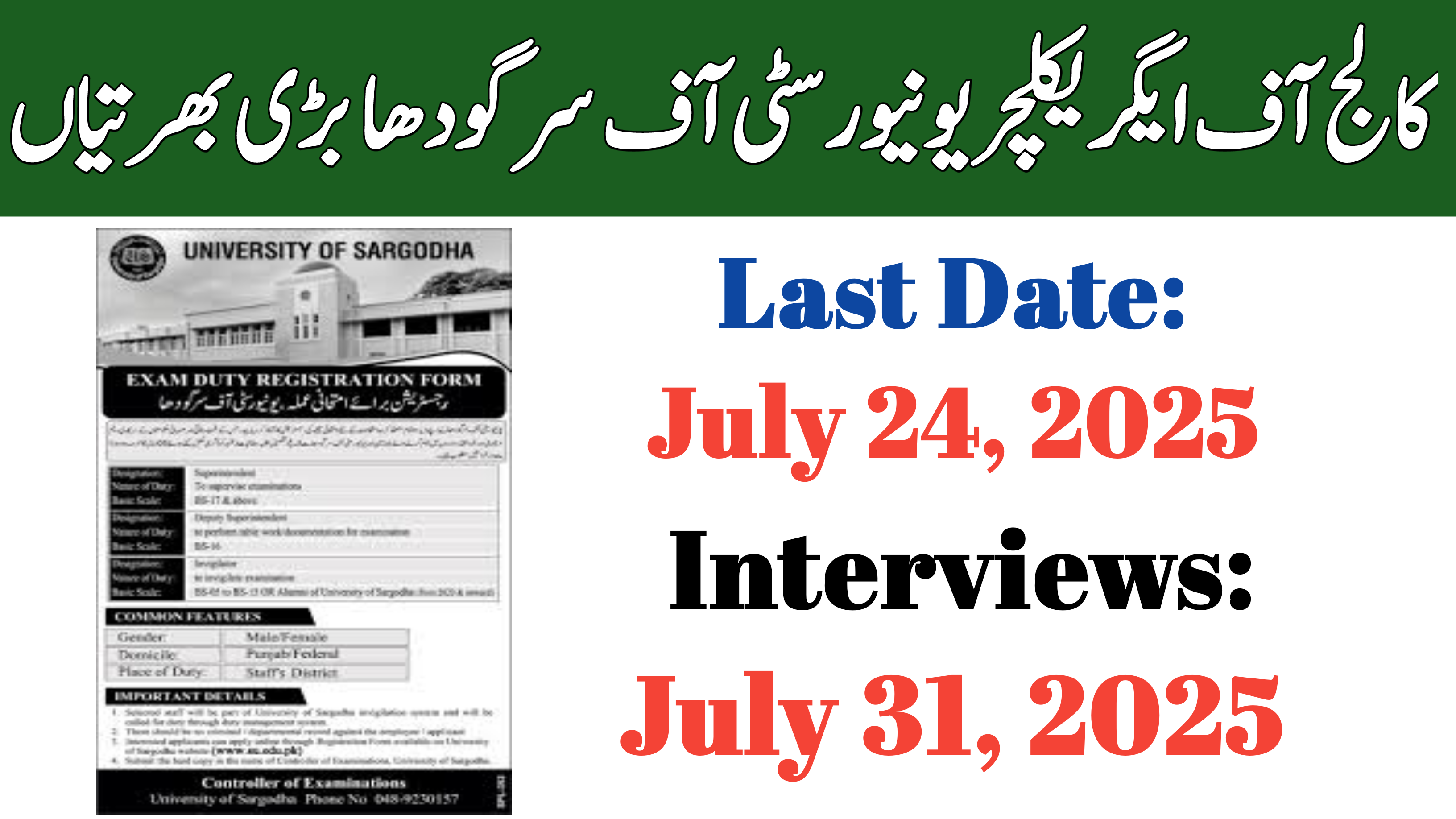 College of Agriculture University of Sargodha Jobs 2025 