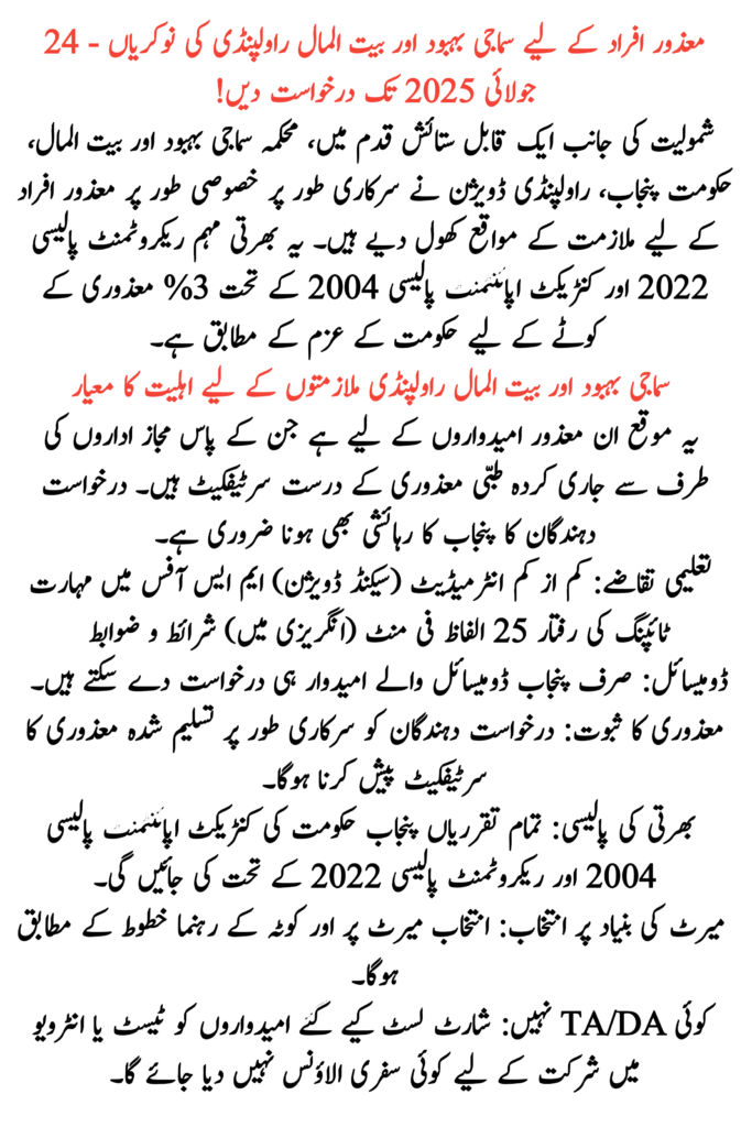Social Welfare & Bait-ul-Maal Rawalpindi Jobs