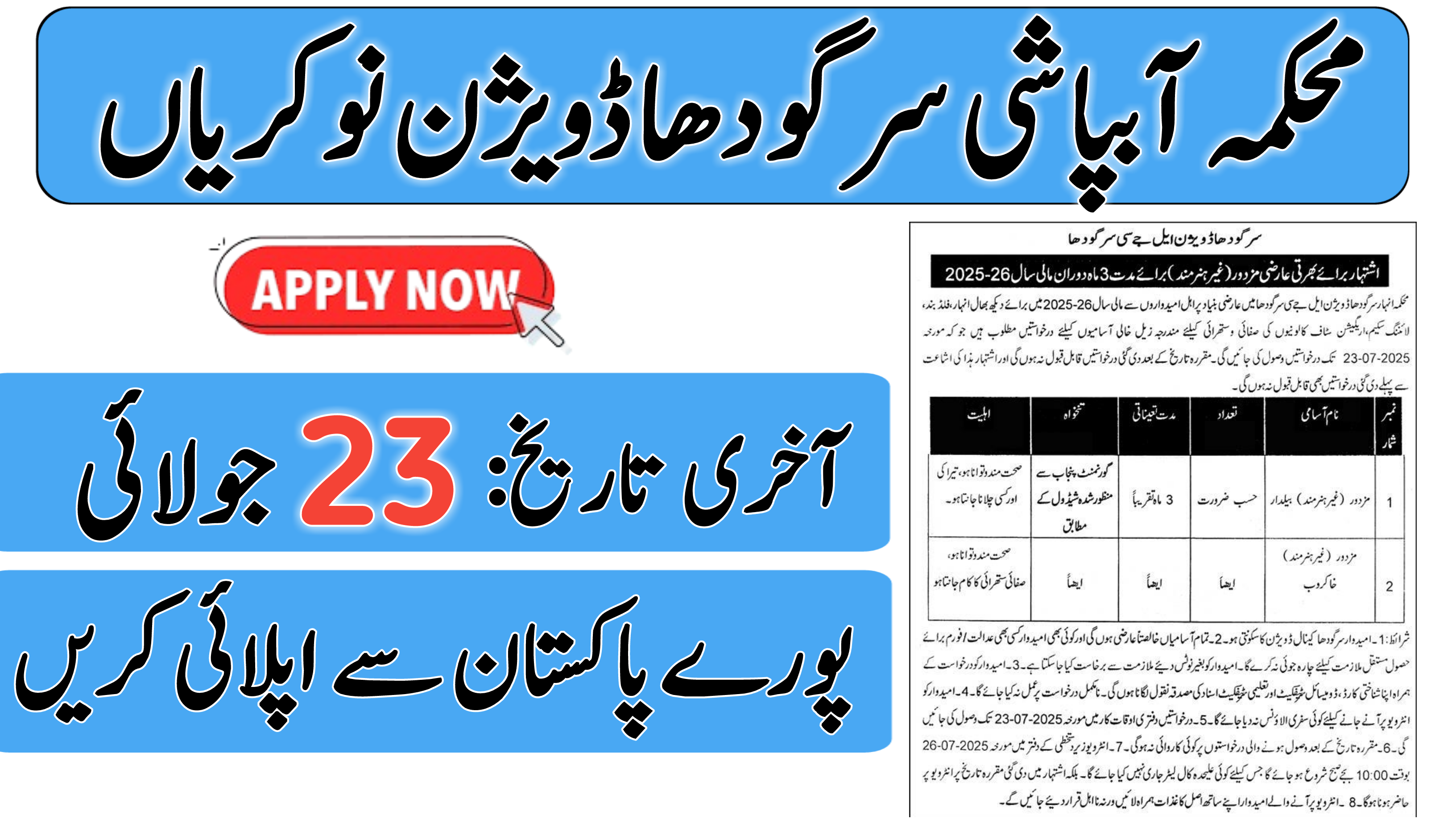 Irrigation Departments Sargodha Division LCS Jobs 2025 
