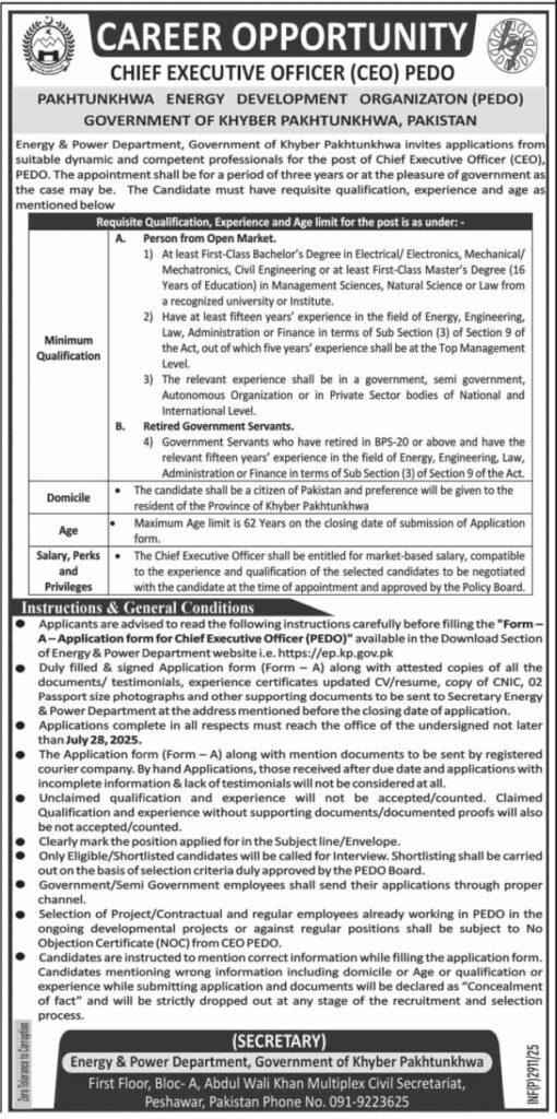 Pakhtunkhwa Energy Development Organization (PEDO) Jobs 2025 