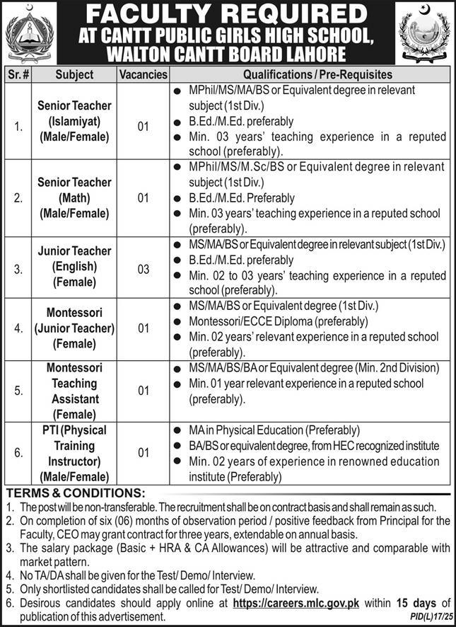 Cantt Public Girls High School Lahore Jobs 2025
