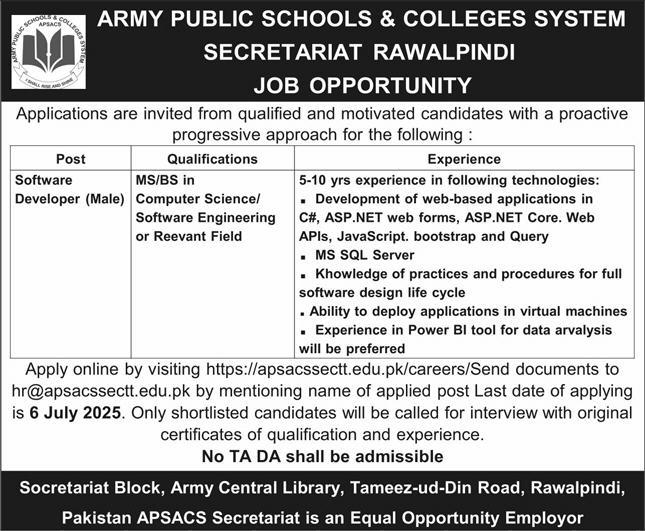 Army Public Schools & Colleges System Secretariat Jobs