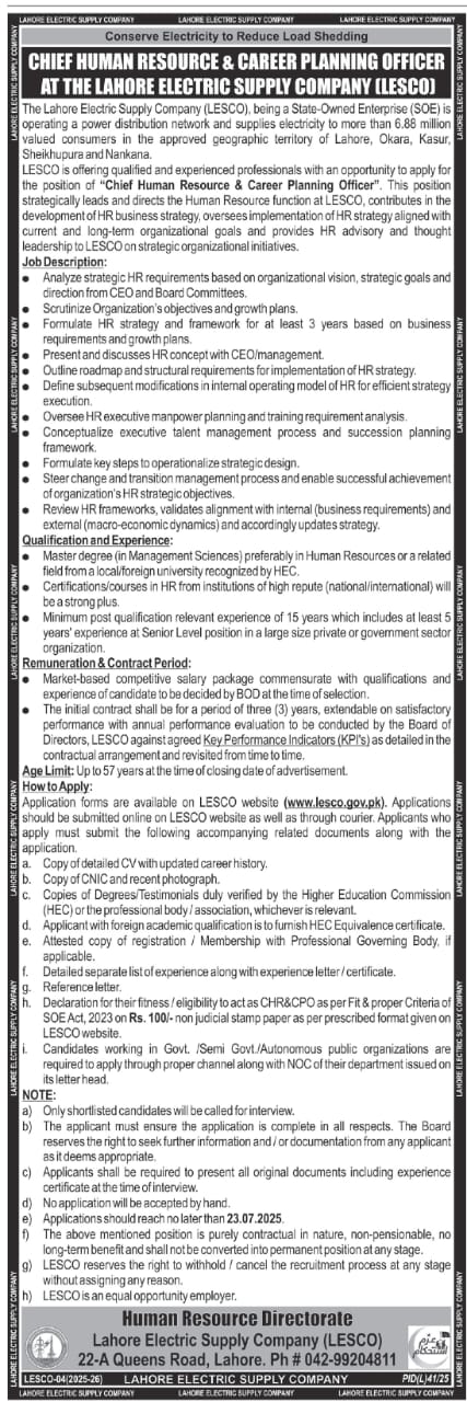 Lahore Electric Supply Company LESCO Jobs 2025