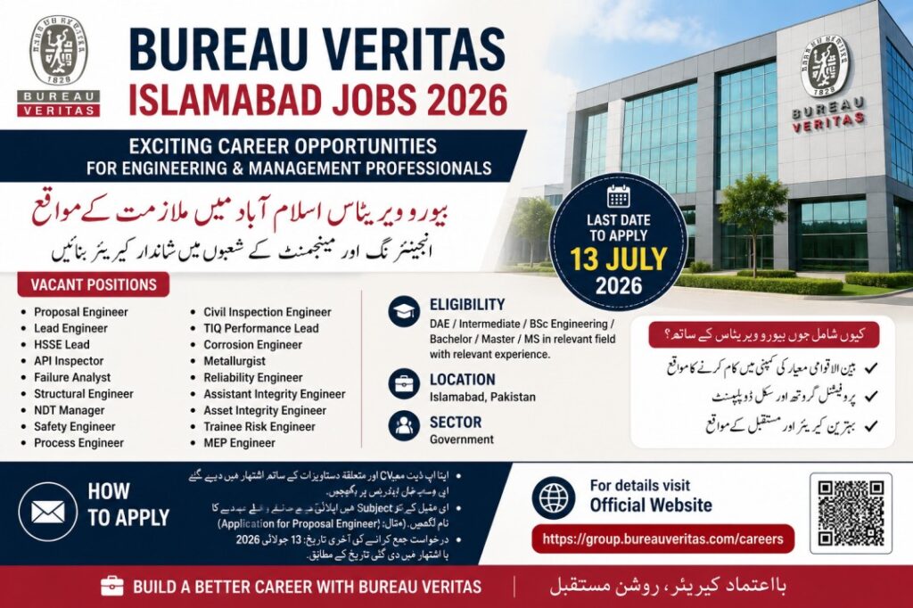 Bureau Veritas Islamabad Jobs 2026 | Latest Engineering & Management Careers in Pakistan | Apply Before 13 July