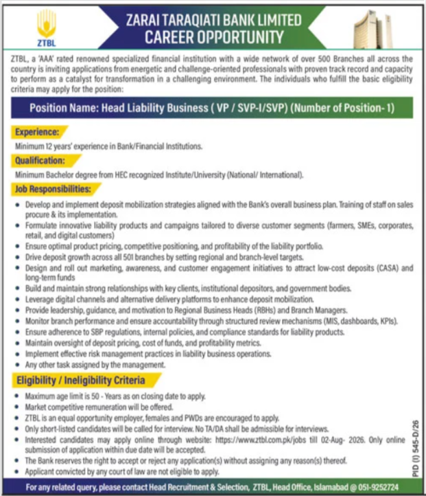 ZTBL Head Liability Business Jobs 2026 in Islamabad with eligibility, application process, and deadline details