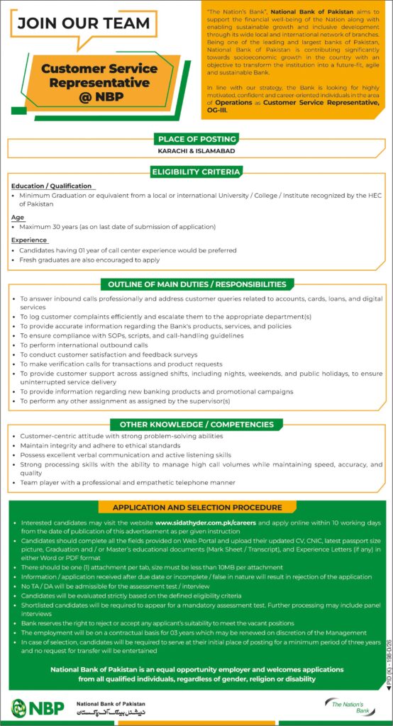 NBP Customer Service Representative Jobs 2026 advertisement for Karachi and Islamabad with eligibility, application process, and online application details.