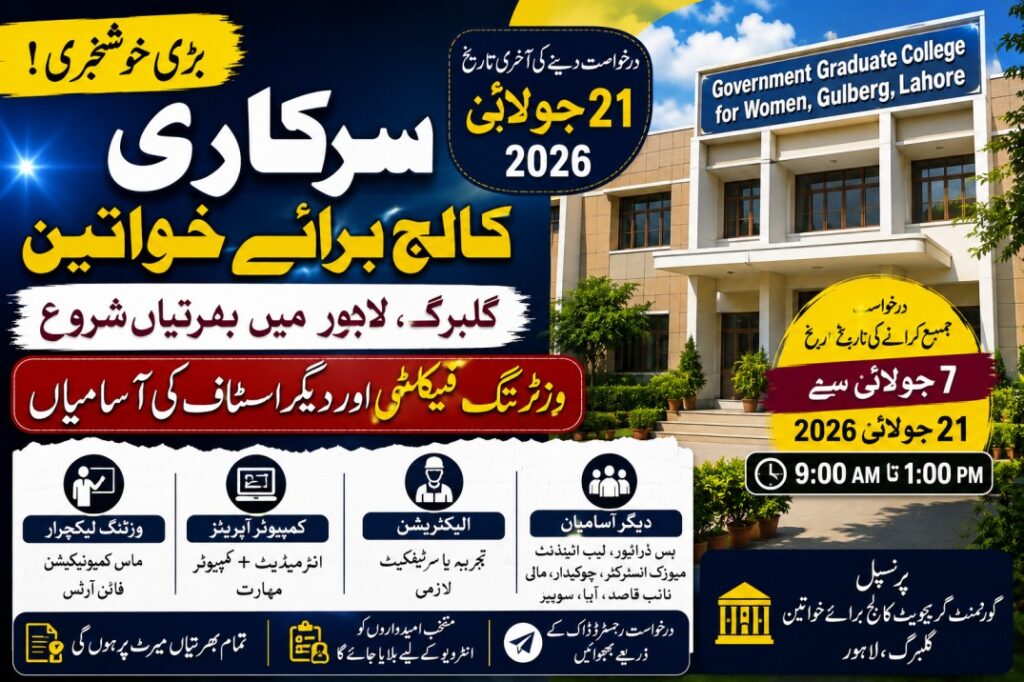 Government Graduate College for Women Gulberg Lahore Jobs 2026 Announced