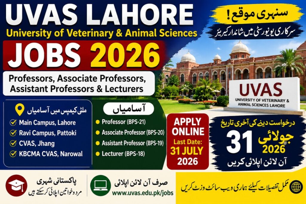 UVAS Lahore Jobs 2026 | Lecturer, Assistant Professor, Associate Professor & Professor | Apply Online