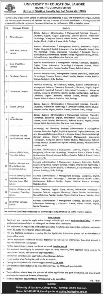 University of Education Lahore Visiting Faculty Jobs 2026 advertisement with eligibility, campuses, subjects, and online application details.