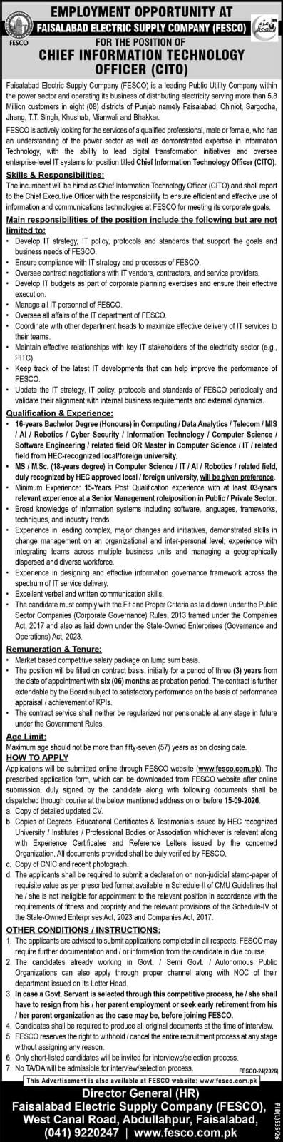 Faisalabad Electric Supply Company FESCO Jobs 2026