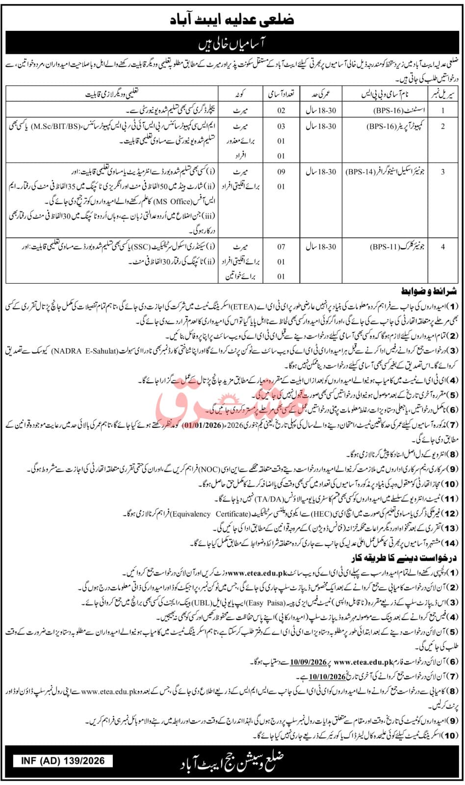 District & Sessions Judge Abbottabad Jobs 2026