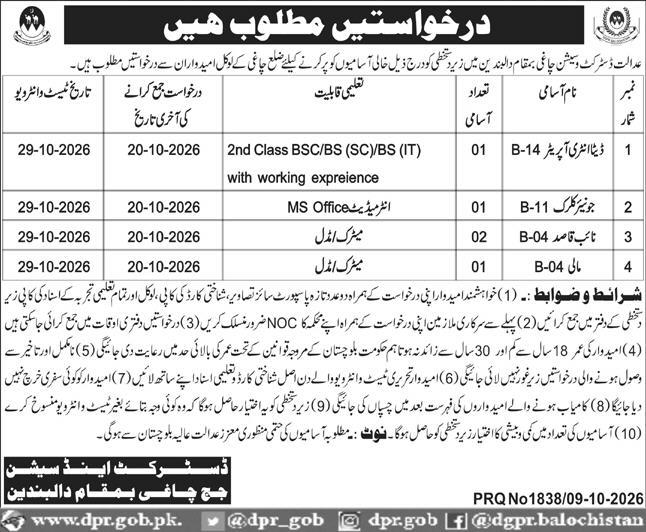 District and Sessions Court Chagai Jobs 2026
